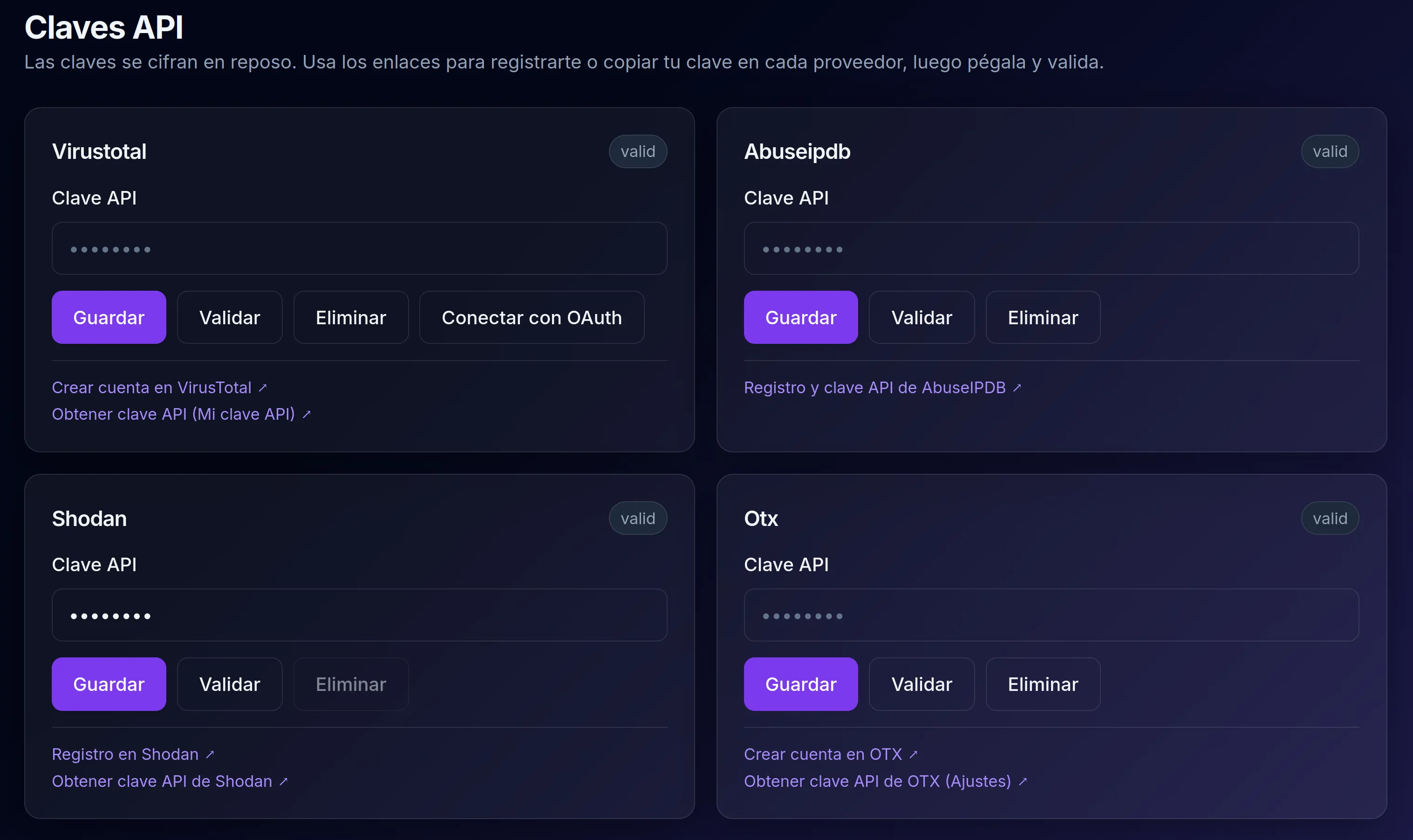 Panel de configuración de claves API con estado validado